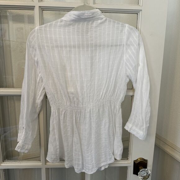 White Gauze Ruffle Front Button Up Blouse Juniors M Roll Tab Sleeve - Picture 6 of 9